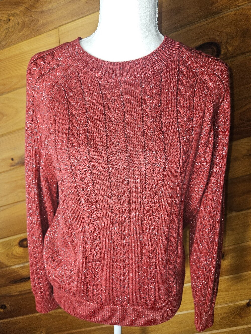 Athleta Women's Decadent Red Metallic Cable Crew Knit Sweater Size XS/TP